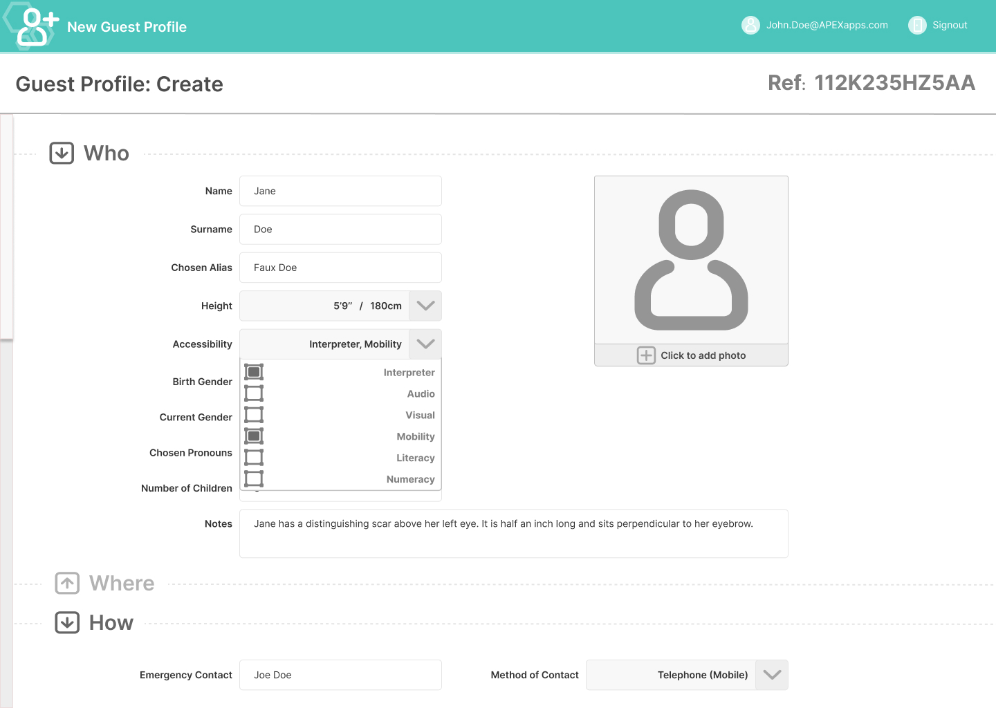 Custom application prototype create guest profile screen